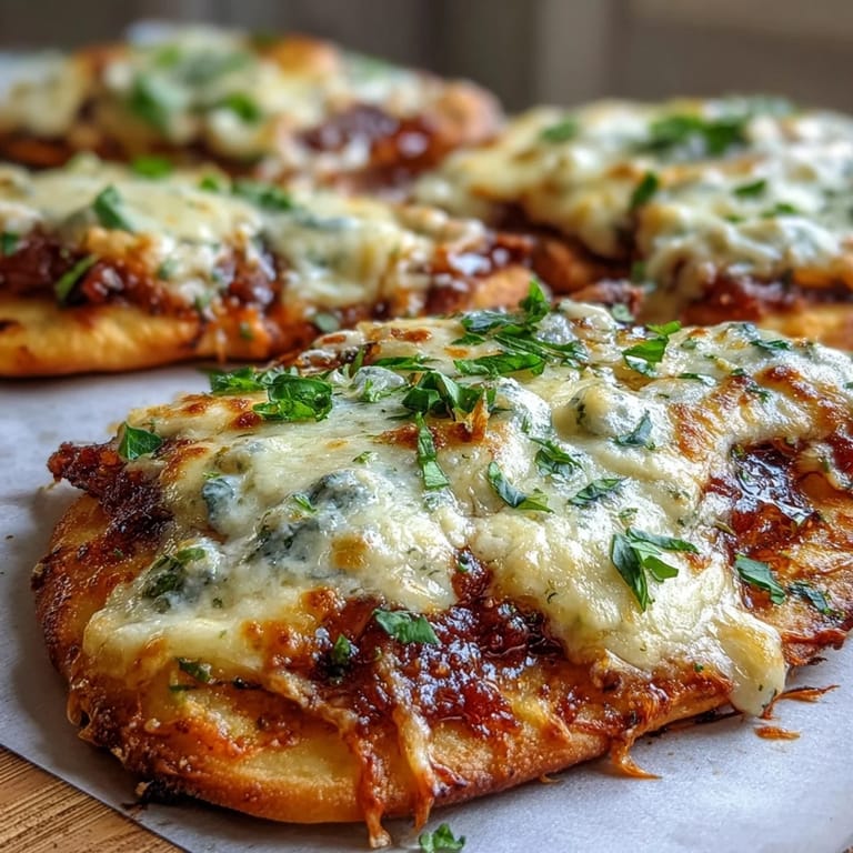 Sliced Garlic Naan Margherita Pizzas on a rustic board, showcasing the gooey mozzarella and fresh basil garnish.