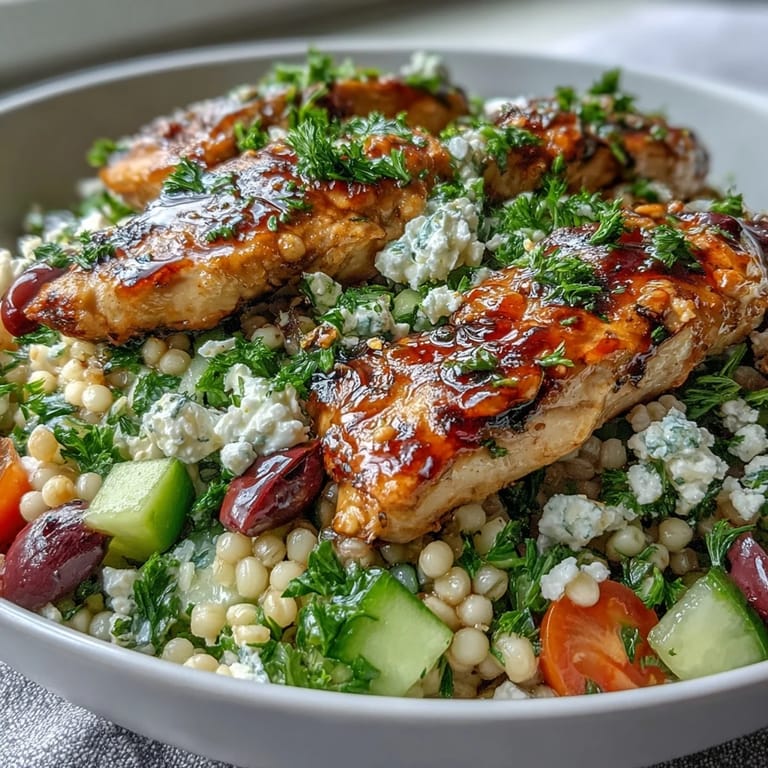 Close-up of Mediterranean Pearl Couscous Chicken Bowls featuring fresh veggies, feta crumbles, and zesty dressing.