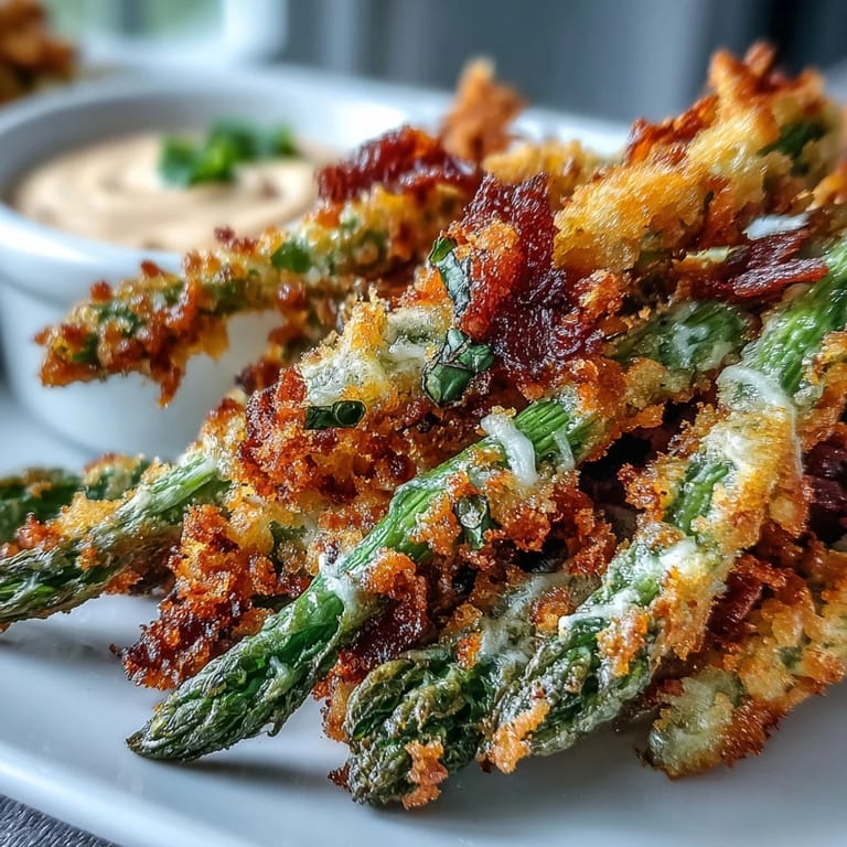 A close-up shows a hand dipping a crunchy Crispy Chili-Garlic Asparagus Fry into a creamy, spicy sauce.