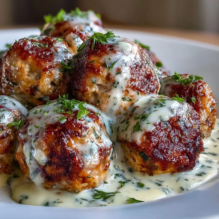 Freshly baked Creamy Garlic Ranch Turkey Meatballs are coated in a rich, creamy ranch sauce, garnished with vibrant chopped parsley.