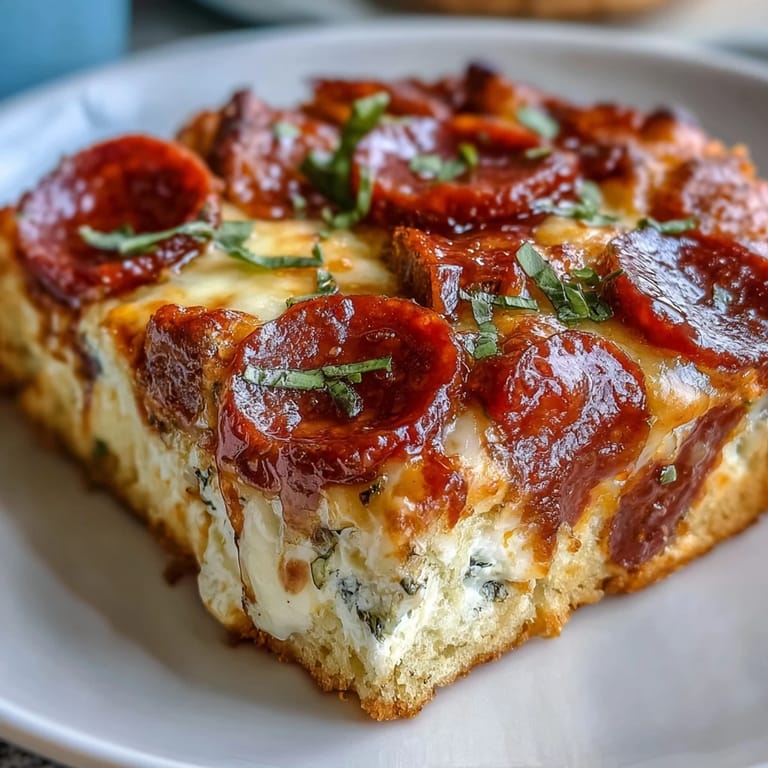 A slice of High-Protein Pizza Breakfast Casserole revealing fluffy baked eggs and turkey pepperoni on a Greek yogurt crust.