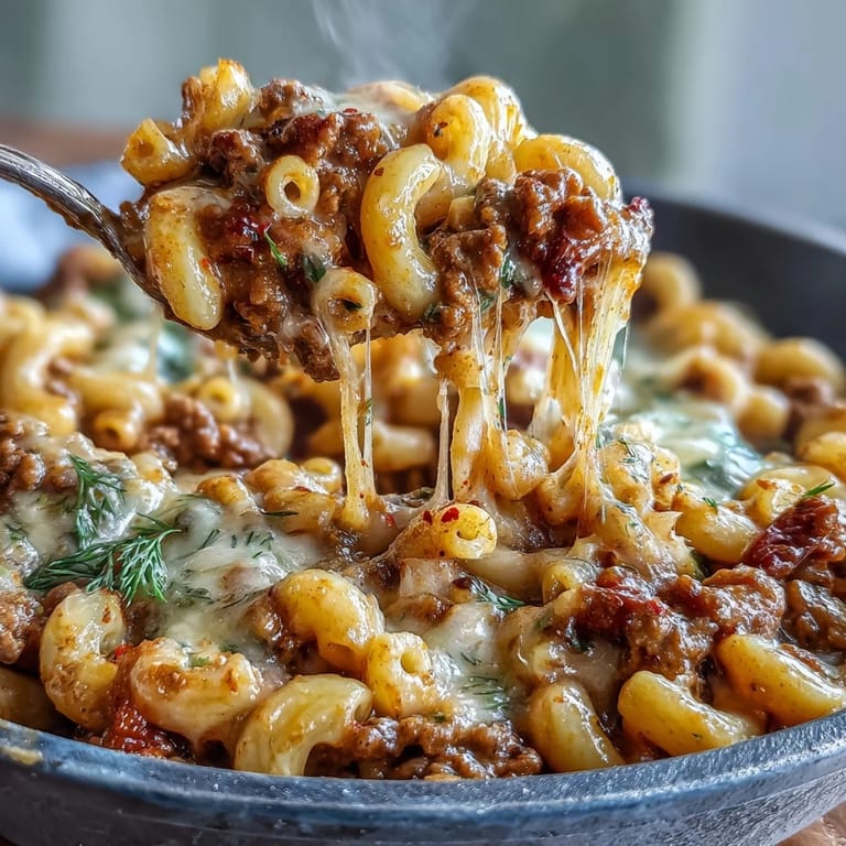 Freshly cooked One-Pan Cheeseburger Chili Mac glows under warm light, steam rising. Yellow mustard and ketchup swirls peek through ground beef and tomato chunks.