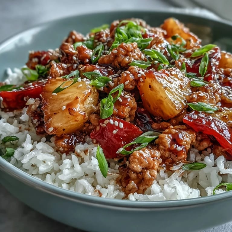 A close-up of Sweet-and-Sour Turkey Rice Skillet with juicy pineapple and crisp bell peppers.