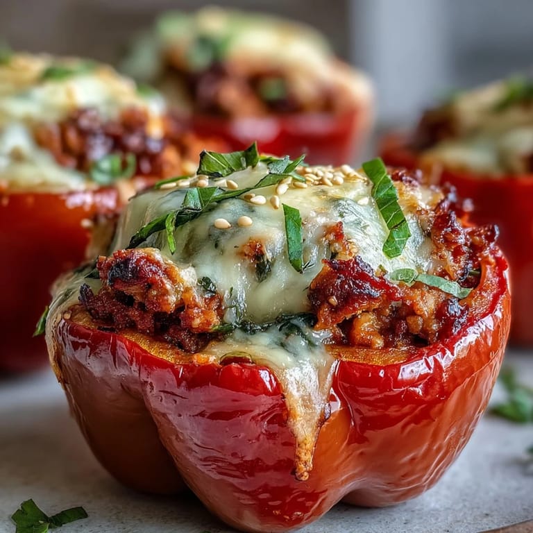 Garnished Korean-Style Turkey Stuffed Sweet Peppers on a platter, ready to serve with steamed rice.