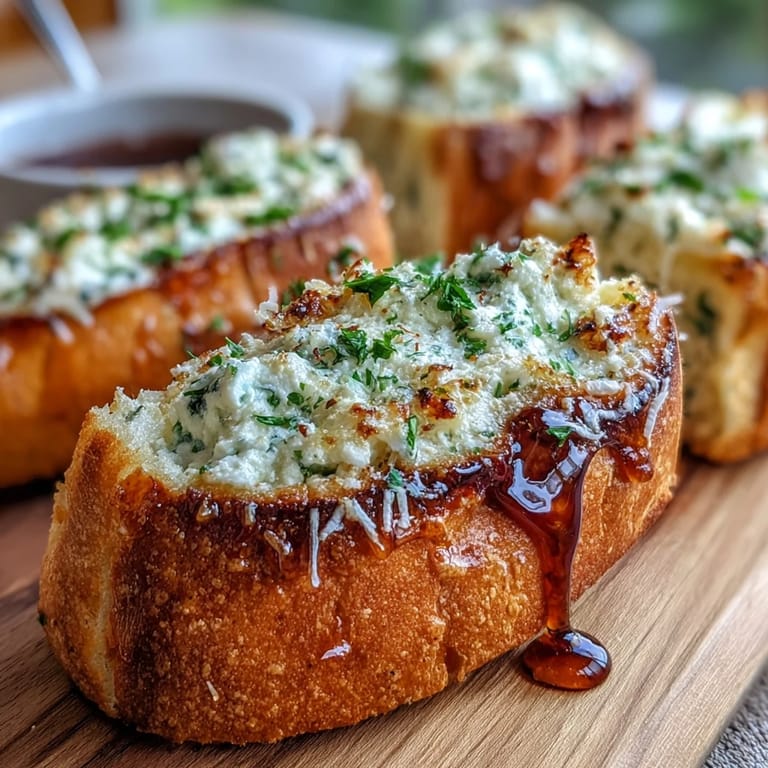 Serving Hot Honey Ricotta Garlic Bread warm on a wooden board, perfect for an easy appetizer or snack.