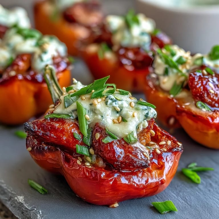 A close-up of bubbly cheese topping the savory Korean-Style Turkey Stuffed Sweet Peppers, with roasted red and yellow peppers and fresh green onions.