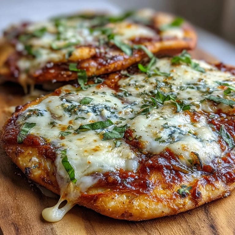 Golden Garlic Naan Margherita Pizzas with a cheesy pull, ready to slice and serve for a quick weeknight dinner.