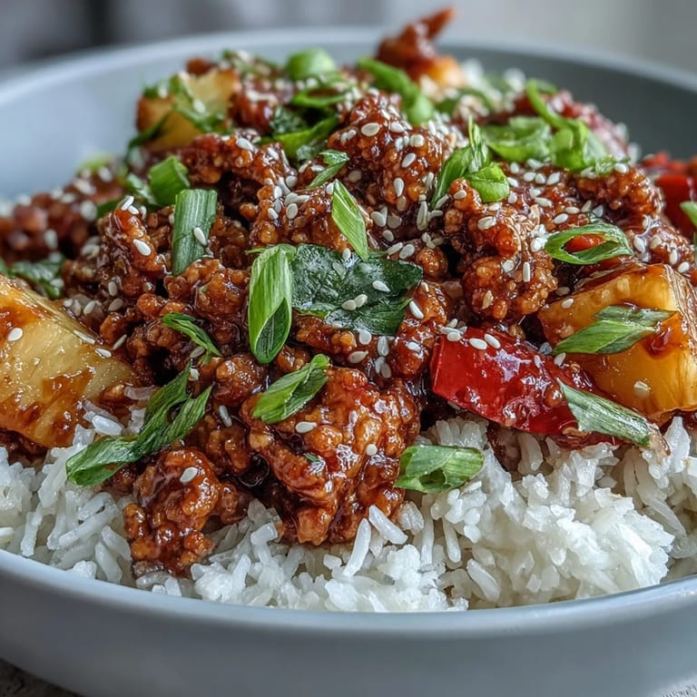Heaping portions of sweet-and-sour turkey rice skillet garnished with fresh green onions and sesame seeds, ready to serve for a family dinner.