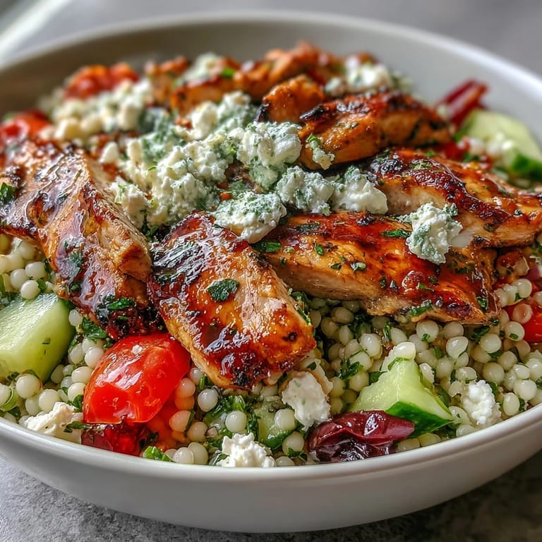 Steaming Mediterranean Pearl Couscous Chicken Bowls combine tender marinated chicken, fluffy couscous, and fresh veggies for dinner.