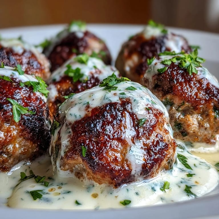 Tender Creamy Garlic Ranch Turkey Meatballs coated in rich sauce, served over fluffy mashed potatoes for dinner.