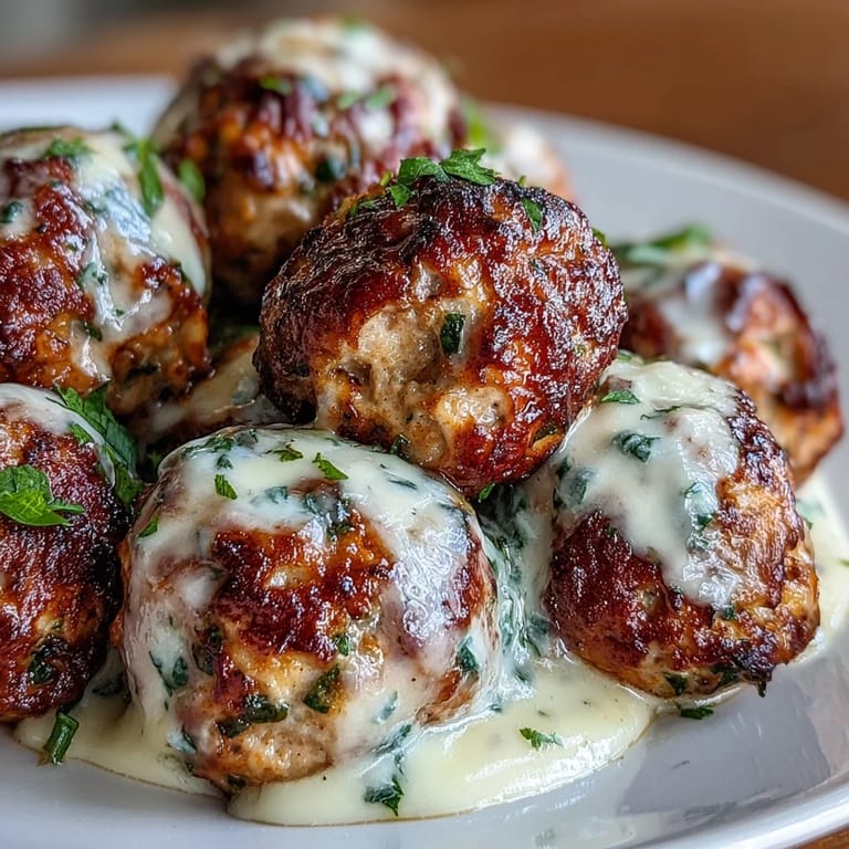 Savory Creamy Garlic Ranch Turkey Meatballs plated with pasta, fresh chives, and a drizzle of creamy sauce.