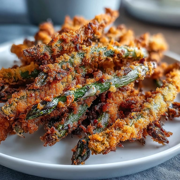 Crispy Chili-Garlic Asparagus Fries baked on a baking sheet, showing seasoned panko coating and fresh green asparagus spears.