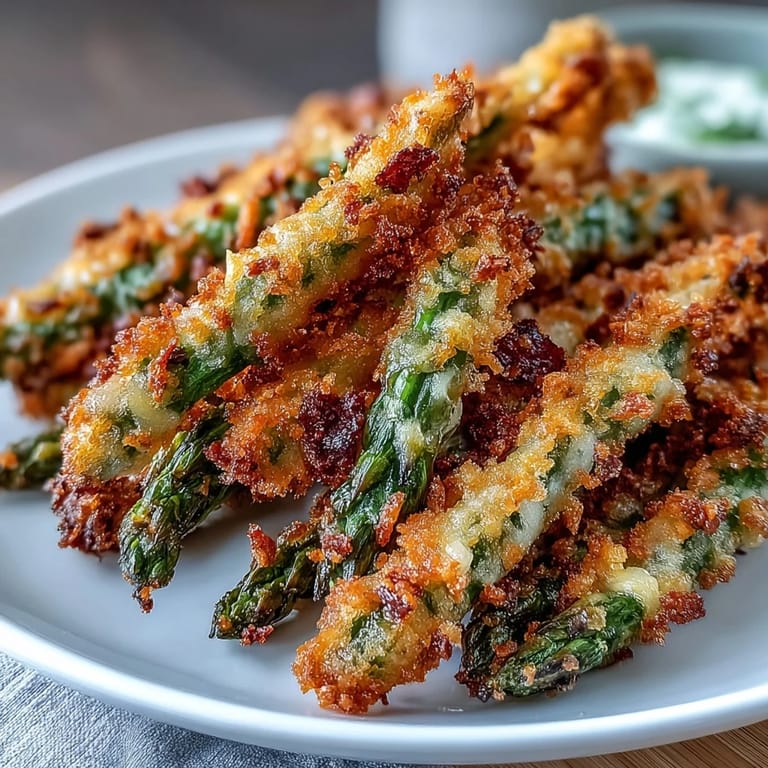 Spicy Crispy Chili-Garlic Asparagus Fries on a white plate next to a small bowl of zesty sriracha mayo for dipping.