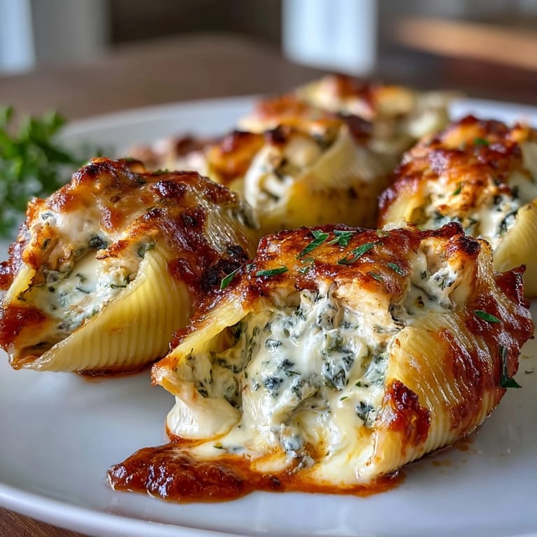 Delicious Italian-American Pesto Chicken Stuffed Shells Lite plated with fresh basil and a green salad.