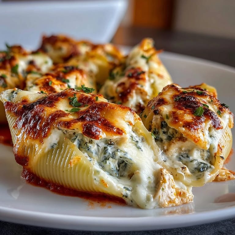 Golden jumbo pasta shells filled with creamy pesto chicken and Greek yogurt, ready to serve.