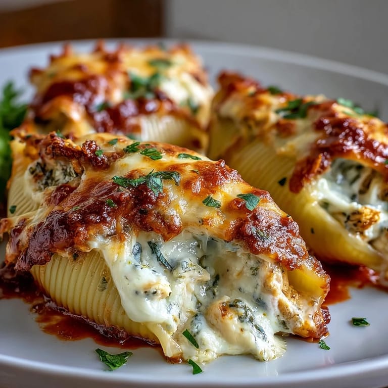 Golden jumbo pasta shells filled with creamy pesto chicken and Greek yogurt, ready to serve.