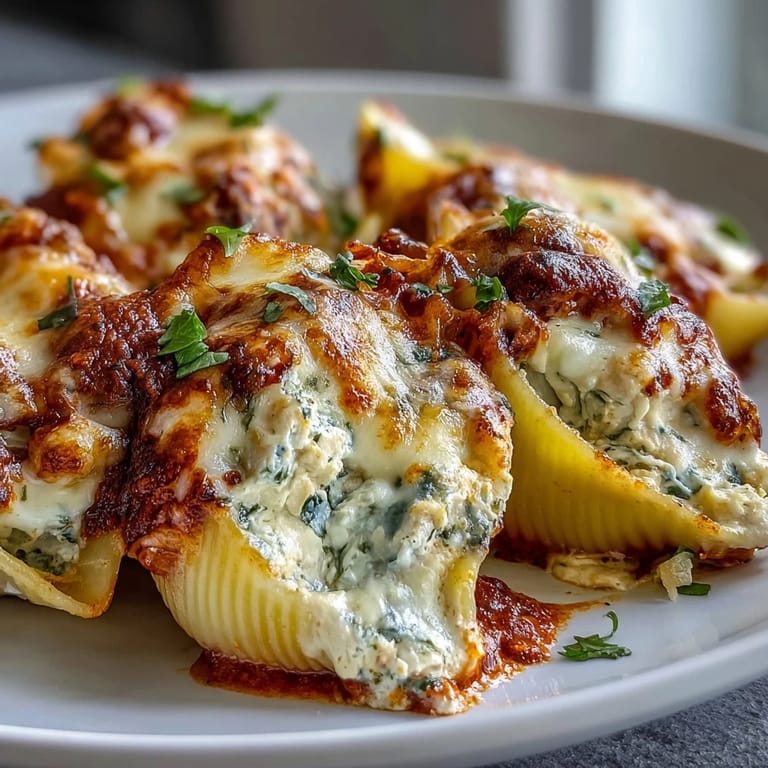 Delicious Italian-American Pesto Chicken Stuffed Shells Lite plated with fresh basil and a green salad.