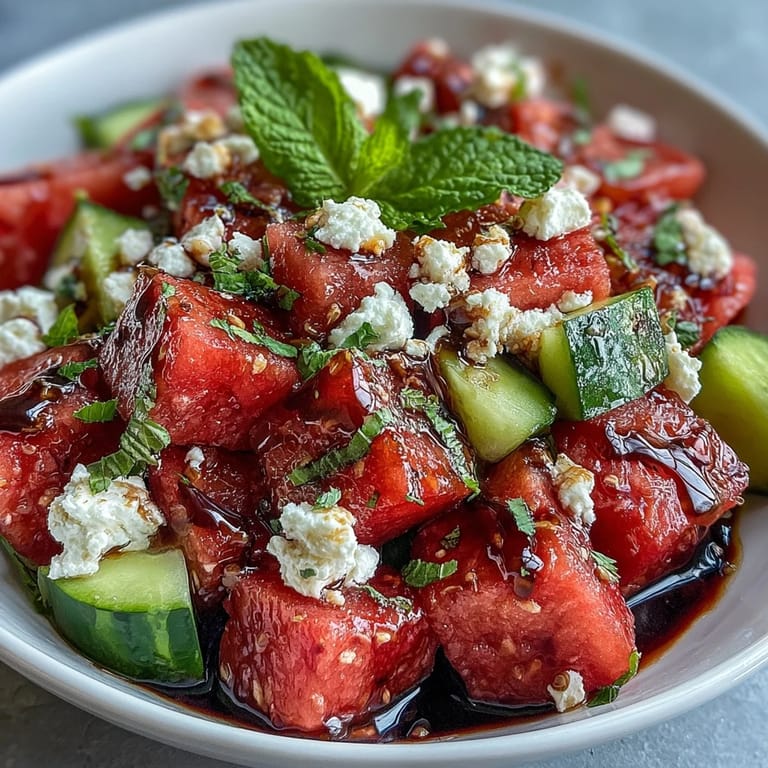 Vibrant Watermelon Feta Cucumber Salad with Balsamic Glaze: Colorful, easy-to-make vegetarian side dish featuring fresh mint, creamy feta, and tangy balsamic for BBQs and picnics.