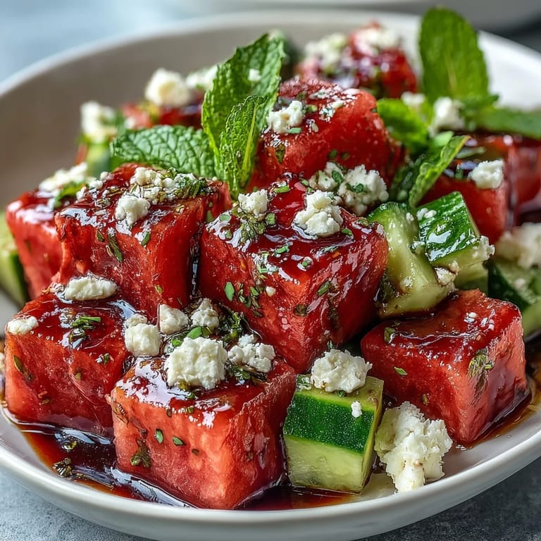 Crisp Cucumber and Watermelon Salad with Feta and Balsamic Glaze: Light, gluten-free Mediterranean salad combining sweet melon, salty cheese, and rich glaze for a perfect summer bite.