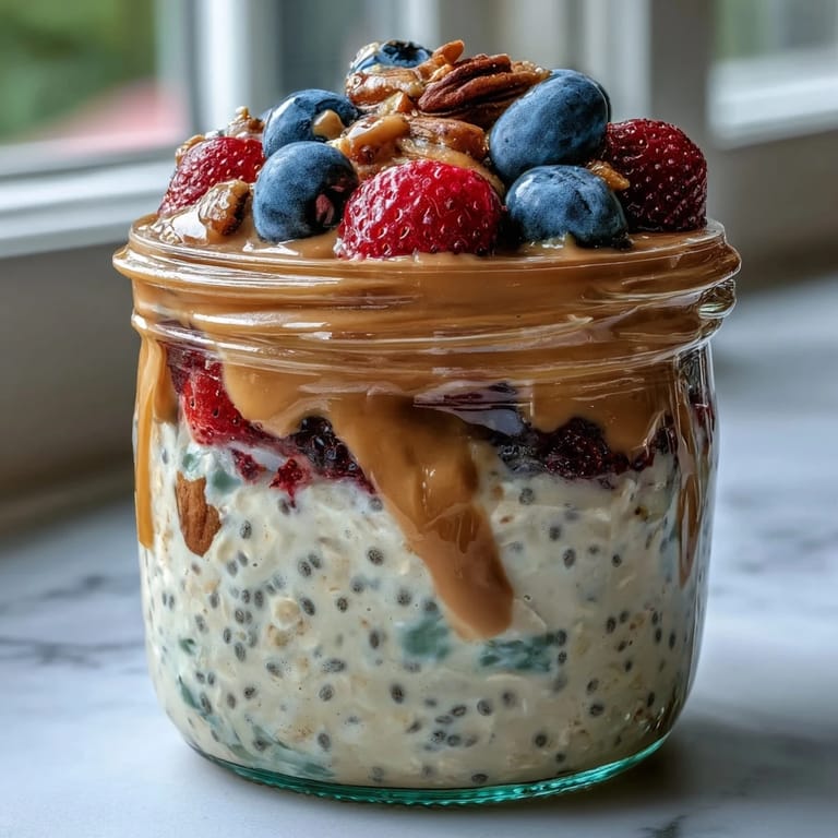 Nutritious overnight oats with mixed berries and almond butter, served chilled in a glass jar for a nourishing morning meal.