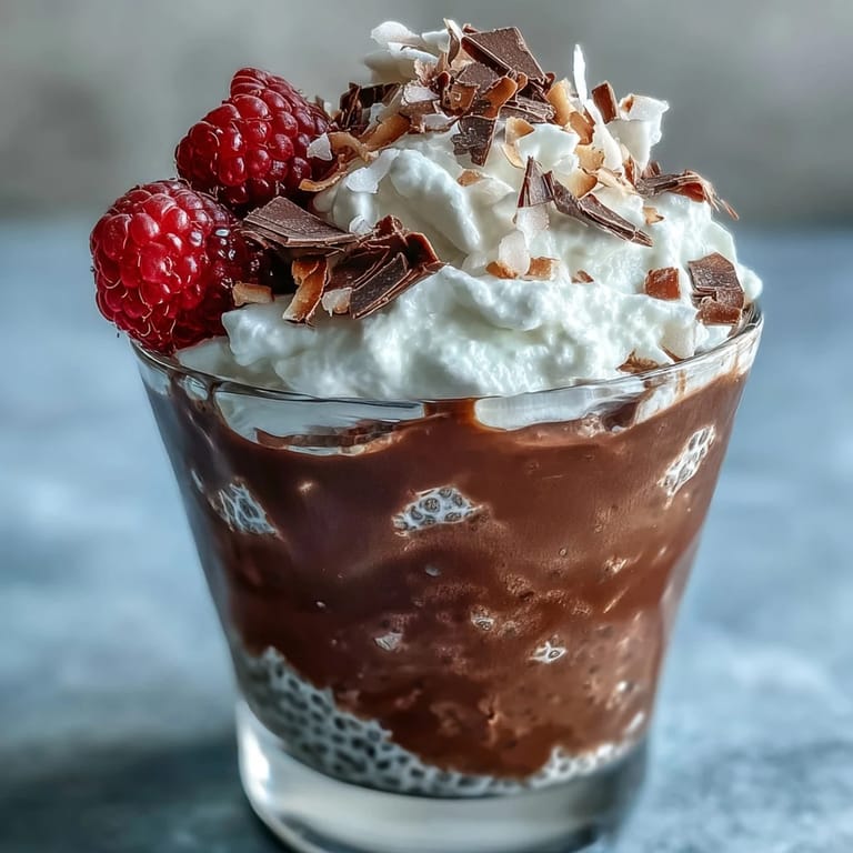 Rich, creamy chocolate chia pudding layered with airy coconut whip and topped with juicy berries.  