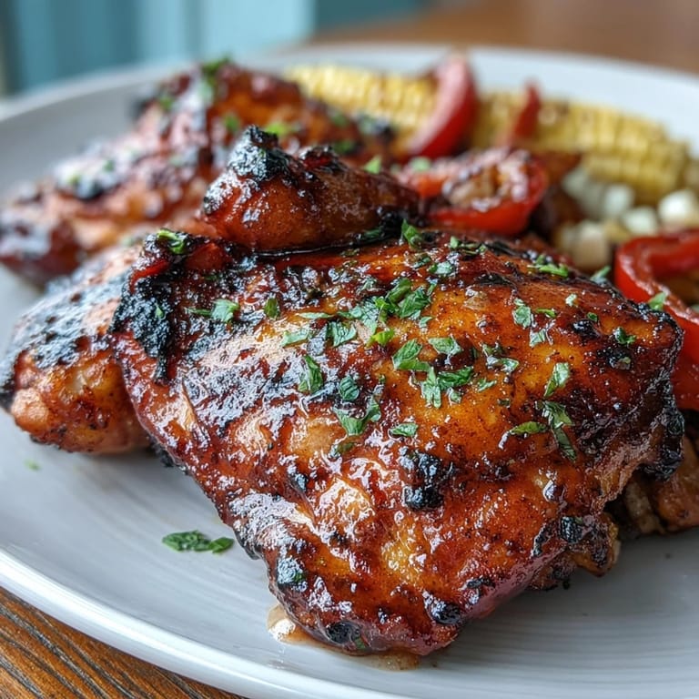 Juicy bone-in chicken thighs coated in smoky BBQ sauce paired with sweet corn and vibrant peppers, all roasted together on one pan.