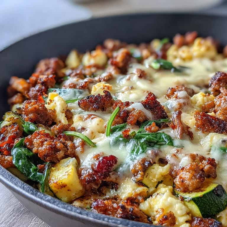 Fluffy scrambled eggs with savory sausage, sautéed vegetables, and spinach, perfect for a quick and satisfying low-carb morning meal.