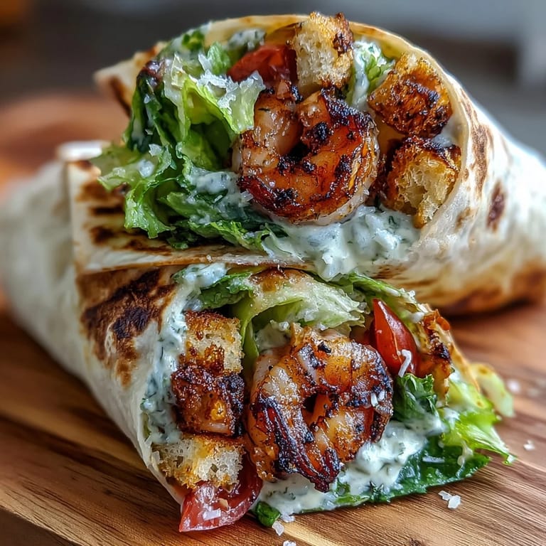Caesar wraps filled with smoky grilled shrimp, crunchy romaine, and shaved Parmesan in a warm tortilla.