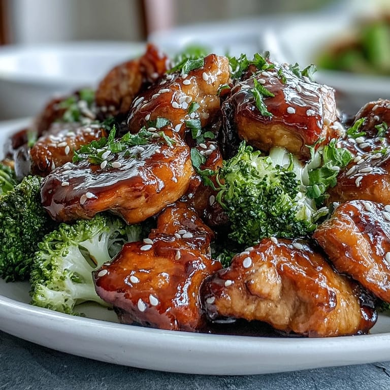 Easy sheet pan teriyaki chicken and broccoli with brown rice, topped with sesame seeds and green onions.