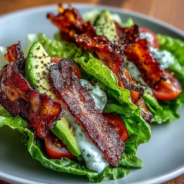 Fresh, low-carb lettuce wraps featuring smoky bacon, creamy avocado, and garlic mayo, finished with cracked black pepper for a satisfying keto-friendly meal.