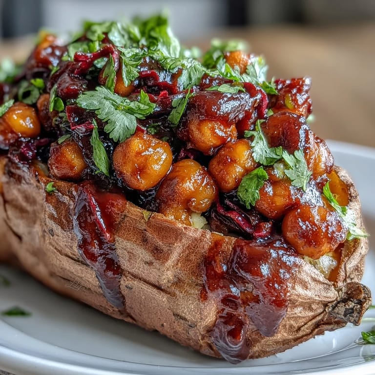 Plant-based BBQ chickpea stuffed sweet potatoes served with tangy slaw and a drizzle of extra BBQ sauce.