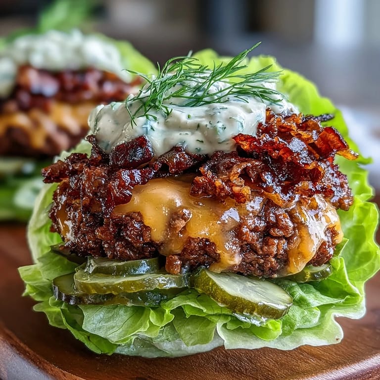 Lettuce-wrapped cheeseburgers with pickles and secret sauce, combining savory beef, crunchy greens, and bold flavors for a delicious, guilt-free American classic.