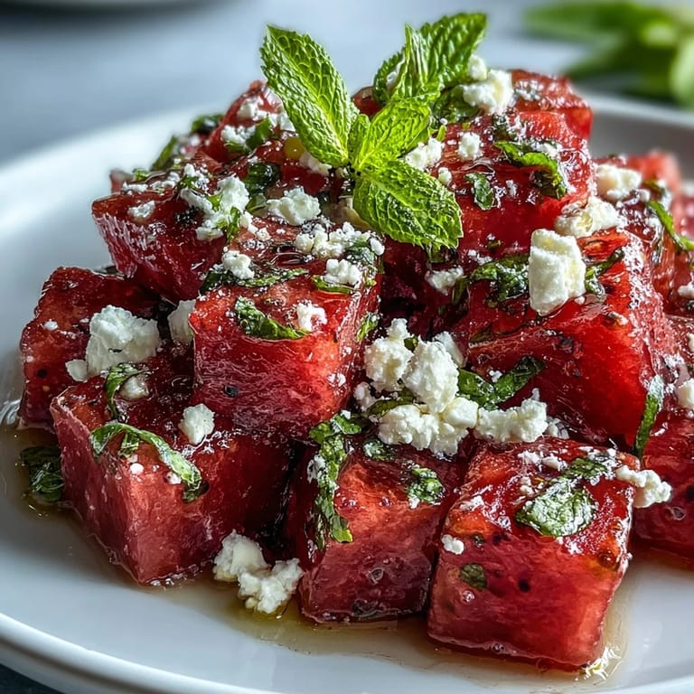 Refreshing watermelon feta mint salad with bright lime dressing, crumbled cheese, and fragrant mint, served in a large white bowl.  