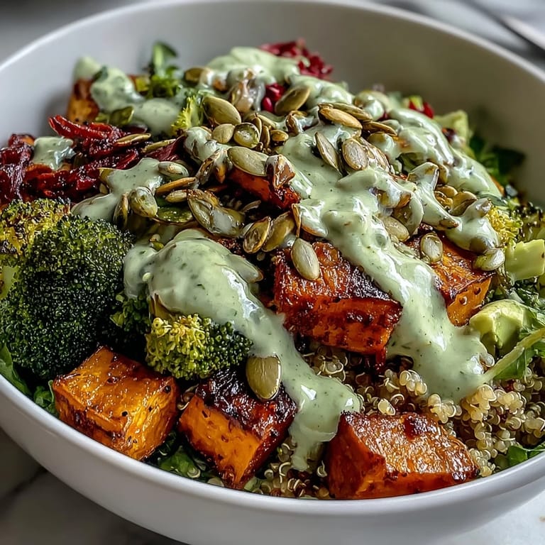 Wholesome roasted vegetables and quinoa served with a rich, herby avocado dressing in a nourishing plant-based bowl.  