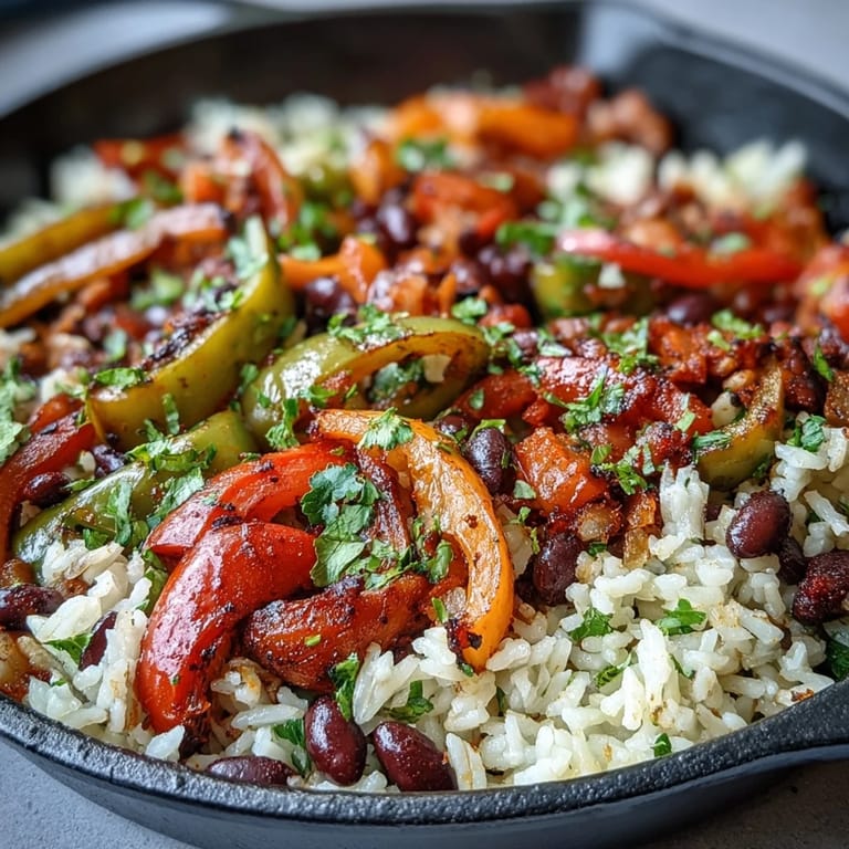 One-pan vegan fajita rice with sautéed bell peppers, onions, and black beans, garnished with fresh cilantro and lime wedges.