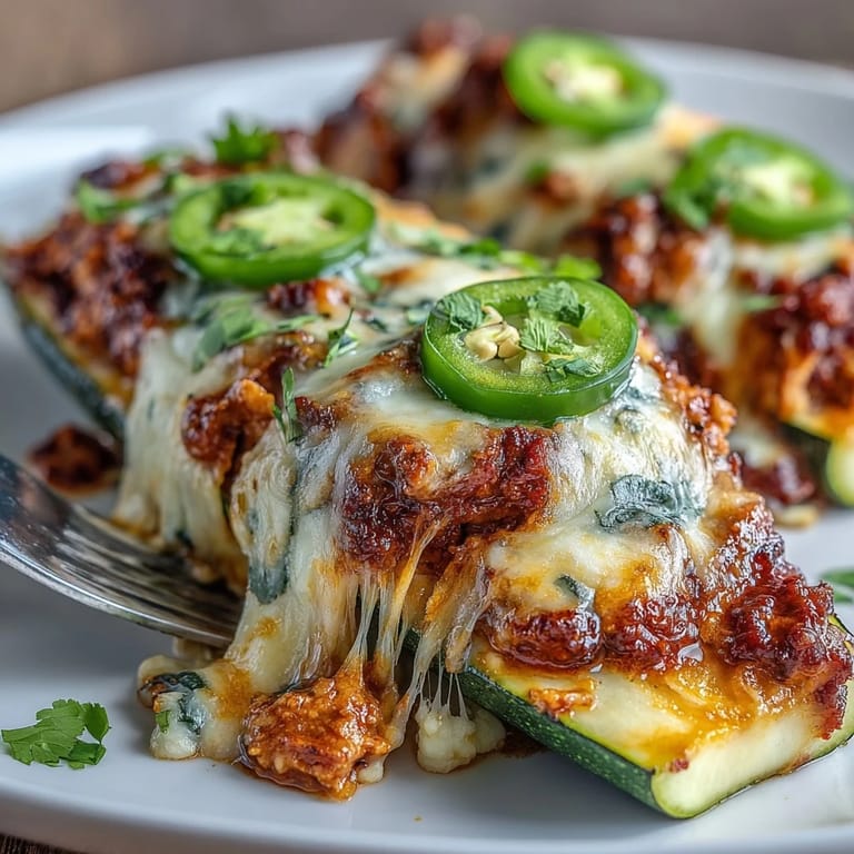 Low-carb zucchini boats stuffed with spiced chicken and topped with gooey melted cheese.  