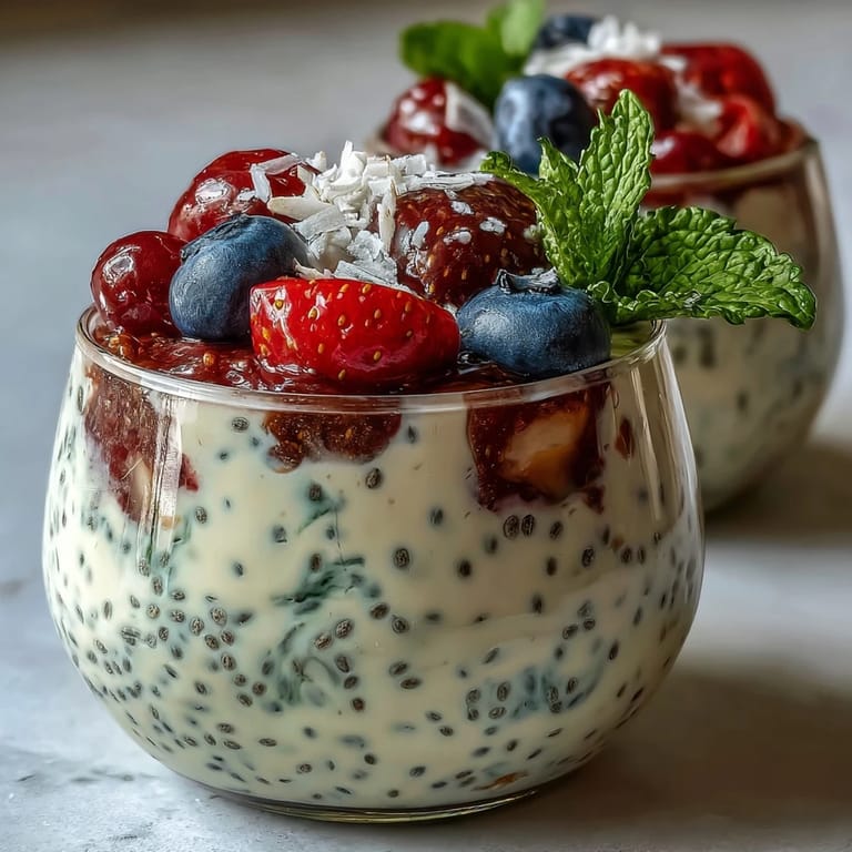Creamy vanilla chia pudding topped with colorful strawberries, blueberries, and raspberries for a refreshing breakfast treat.  