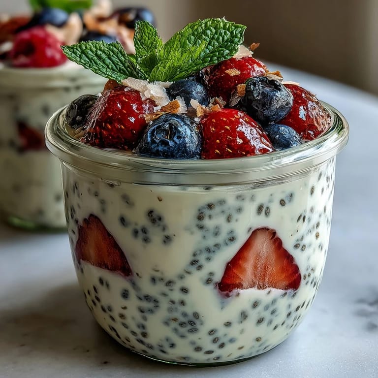 Make-ahead vegan chia pudding cups layered with seasonal berries, garnished with coconut flakes and mint leaves.