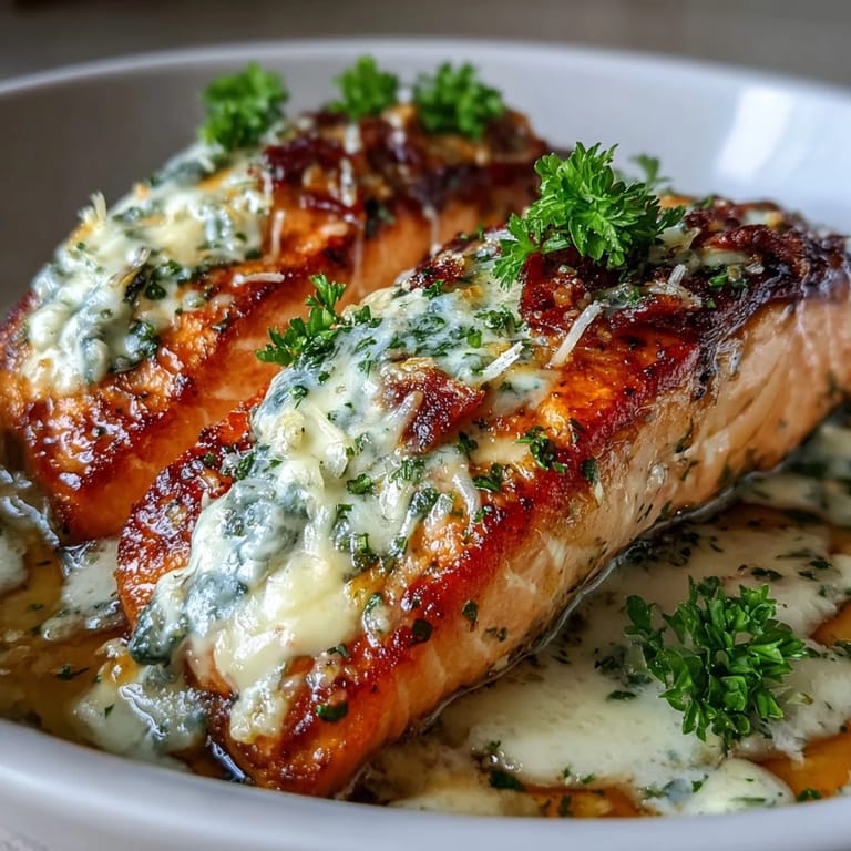Succulent salmon baked in a tangy lemon butter sauce, the creamy blend of Parmesan and cream cheese melting into every bite for a luxurious seafood dish.  