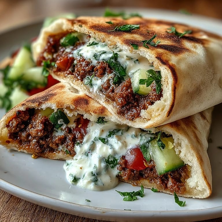Warm pita halves packed with flavorful Mediterranean ground beef, crunchy veggies, creamy feta, and a refreshing lemon-garlic yogurt drizzle.