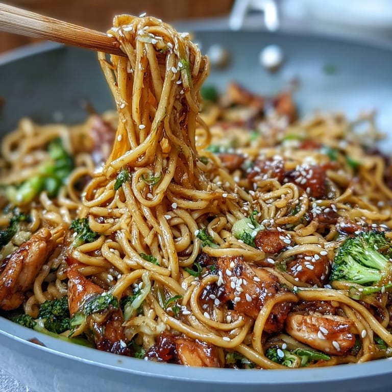 Savory sticky garlic chicken noodles tossed with broccoli, bell peppers, and egg noodles in a rich, sweet-savory sauce, perfect for an easy weeknight dinner.