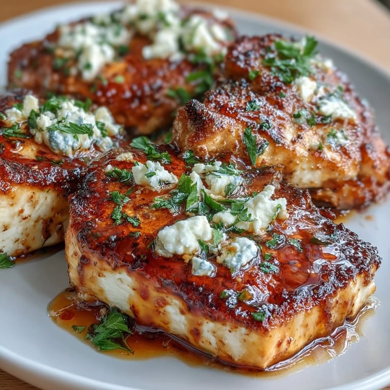 Oven-baked chicken breasts with crumbled feta and hot honey glaze, combining Mediterranean and American flavors in a quick, easy meal.
