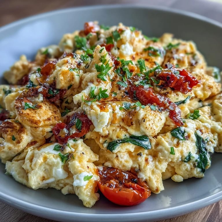 A colorful plate of cottage cheese egg scramble, featuring red bell peppers, spinach, and cherry tomatoes.  