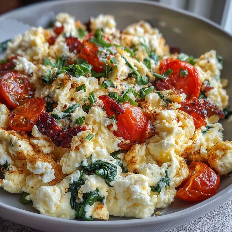 Savory cottage cheese egg scramble with veggies, served hot and garnished with fresh herbs for extra flavor.
