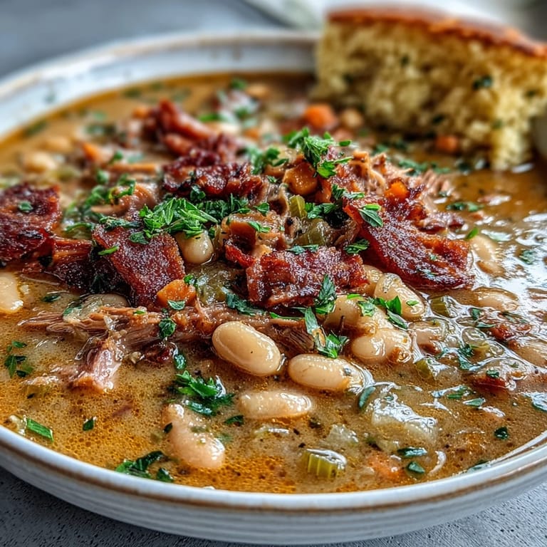 Rich, savory ham hock soup with creamy white beans, carrots, and celery, paired with warm, buttery cornbread fresh from the oven—perfect for chilly evenings.