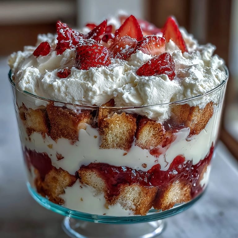 Layered strawberry shortcake trifle with juicy macerated berries and creamy vanilla whipped topping.