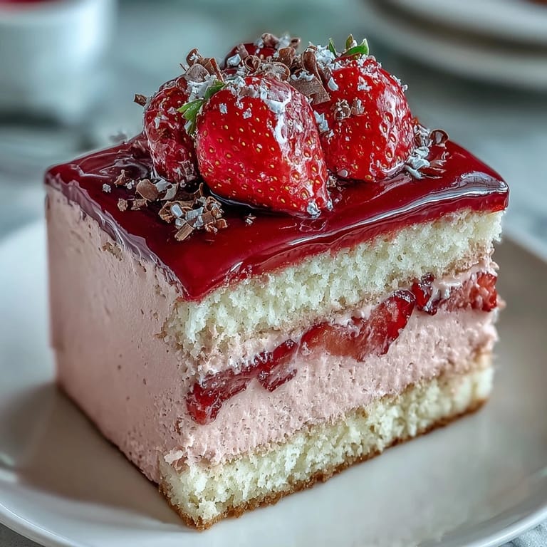 Romantic strawberry mousse cake with tender vanilla sponge, vibrant strawberry filling, and shimmering glaze, ideal for sharing on Valentine's Day.