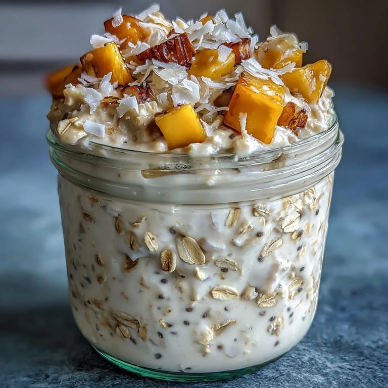 A jar of chilled overnight oats topped with ripe mango chunks, coconut flakes, and a hint of vanilla for a refreshing breakfast.