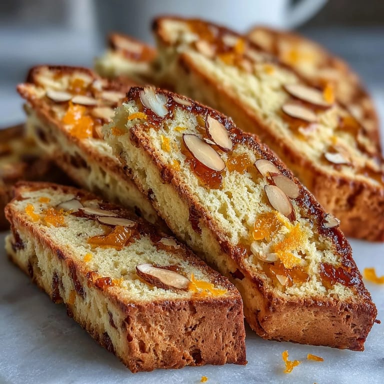 Twice-baked Italian biscotti cookies studded with sweet candied orange peel and toasted almonds, offering a crisp, citrusy bite.