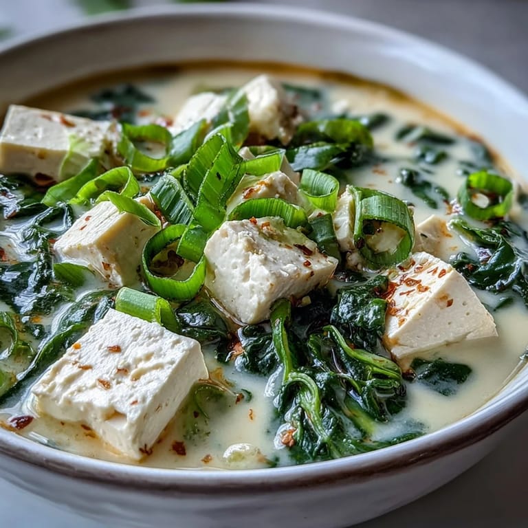 Savory Japanese miso soup with cubes of tofu, wilted spinach, and sliced green onions served hot.  